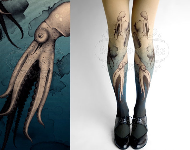 Closed Toe nude color one size Octopuses full length printed tights pantyhose, Plus Size option image 1