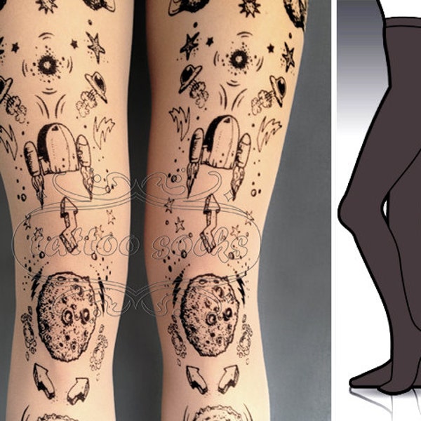 S/M Lost in Space Dark Grey tattoo tights / stockings /  full length  / pantyhose / nylons