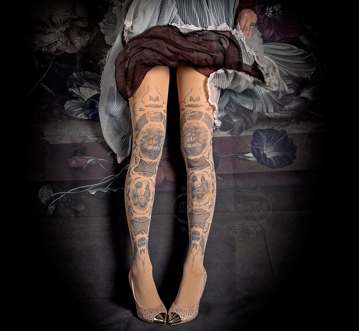 Tattoo Tights China Doll One Size Nude Full Length Printed Tights