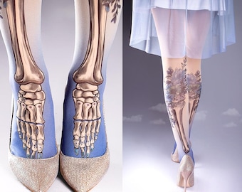 Tattoo Tights, Day of the Dead print, Nude one size full length closed toe printed tights, Plus Size option, skulls, bones, flowers