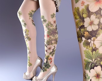 Tattoo Tights -  Floral nude one size full length closed toe pantyhose tattoo socks ,printed tights, pantyhose, Plus Size option