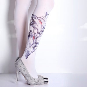 Tattoo Tights Wolfs white full length closed toe pantyhose tattoo socks ,printed tights image 4