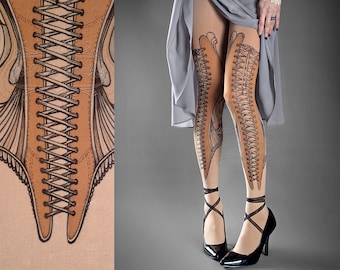 Tattoo Tights -  Elizabeth nude color one size full length printed tights closed toe pantyhose tattoo socks corset, Plus Size option