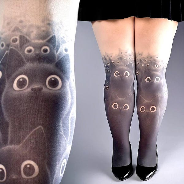 Zwarte katten, nude one size full-length bedrukte panty met gesloten neus, panty's, tattoo-sokken, kousen, tattoo-panty's, schattig, optie voor grote maten