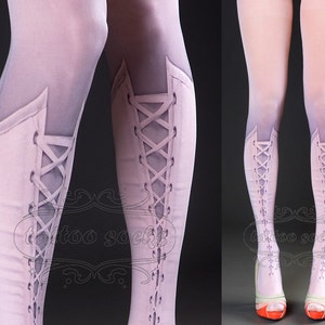 Tattoo Tights Lolita Corset Light Pink one size full length printed closed toe tights pantyhose, tattoo socks, lace up 3D illusion image 5