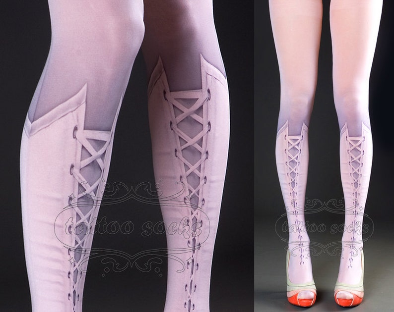 Tattoo Tights Lolita Corset Light Pink one size full length printed closed toe tights pantyhose, tattoo socks, lace up 3D illusion image 5