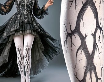 Abstract Neo Tribal Goth Roots, Vines,  tattoo tights, black and white full length printed tights, pantyhose, nylons, upside down, vecna