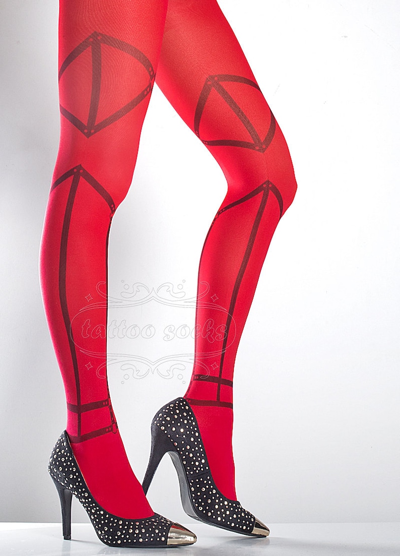 Harness Tattoo Tights red, printed tights, caged pantyhose, bondage, dominatrix, slave tattoo socks image 5