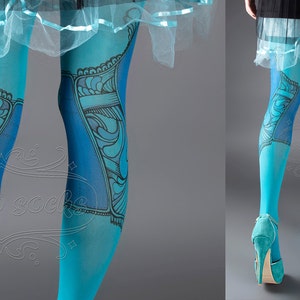 NEW cyan one size Elizabeth full length printed tights closed toe corset drawing pantyhose tattoo tights by tattoo socks image 3