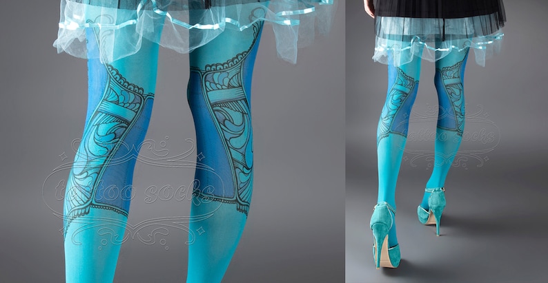 NEW cyan one size Elizabeth full length printed tights closed toe corset drawing pantyhose tattoo tights by tattoo socks image 3