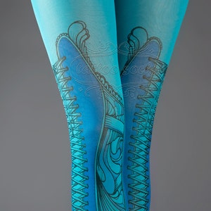 NEW cyan one size Elizabeth full length printed tights closed toe corset drawing pantyhose tattoo tights by tattoo socks image 4
