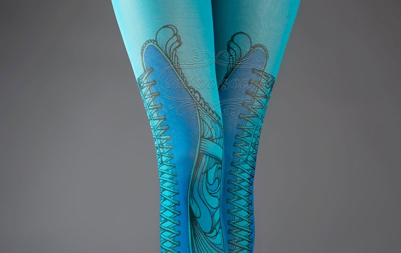 NEW cyan one size Elizabeth full length printed tights closed toe corset drawing pantyhose tattoo tights by tattoo socks image 4