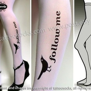 s/m sexy, funny and flirty FOLLOW ME twitter tattoo tights / stockings / full length / pantyhose / nylons WHITE image 1