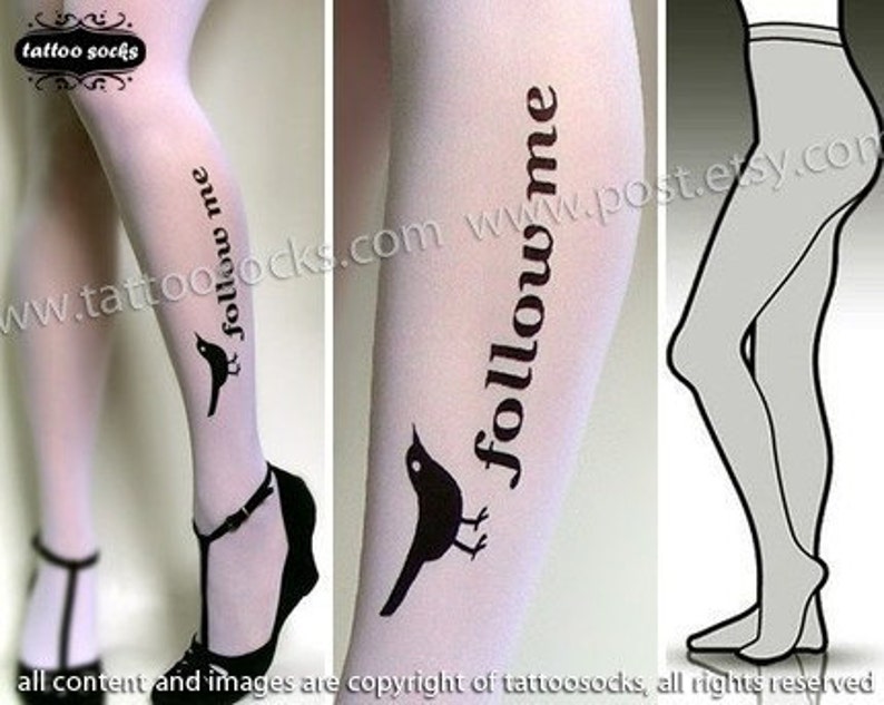 s/m sexy, funny and flirty FOLLOW ME twitter tattoo tights / stockings / full length / pantyhose / nylons WHITE image 1