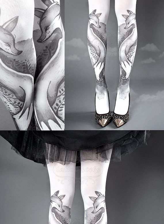 Tattoo Tights, Fox Tights Black and White Closed Toe One Size Full