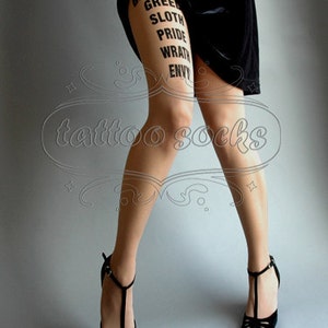 nude 7 Deadly Sins tattoo stockings, full length pantyhose, nylons, tattootights, tattoosocks, plus size option image 3