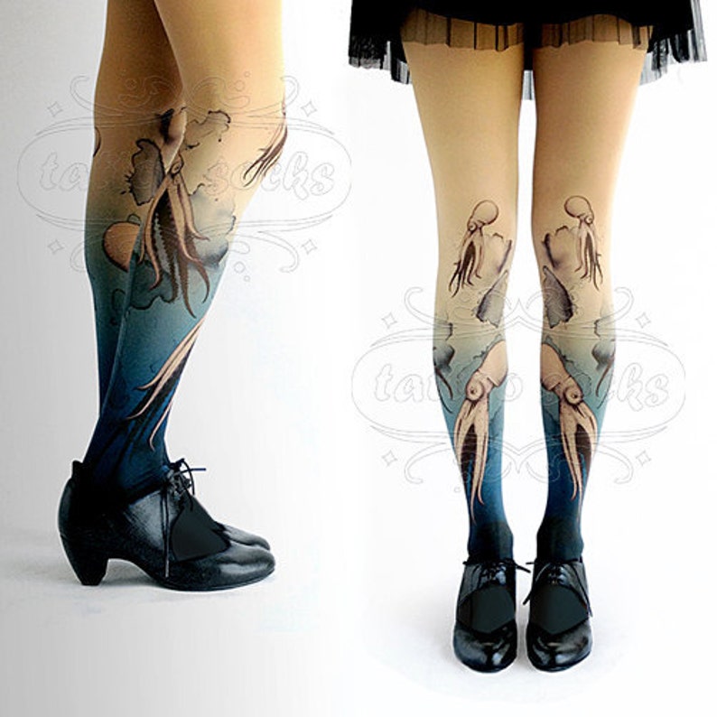 Closed Toe nude color one size Octopuses full length printed tights pantyhose, Plus Size option image 5