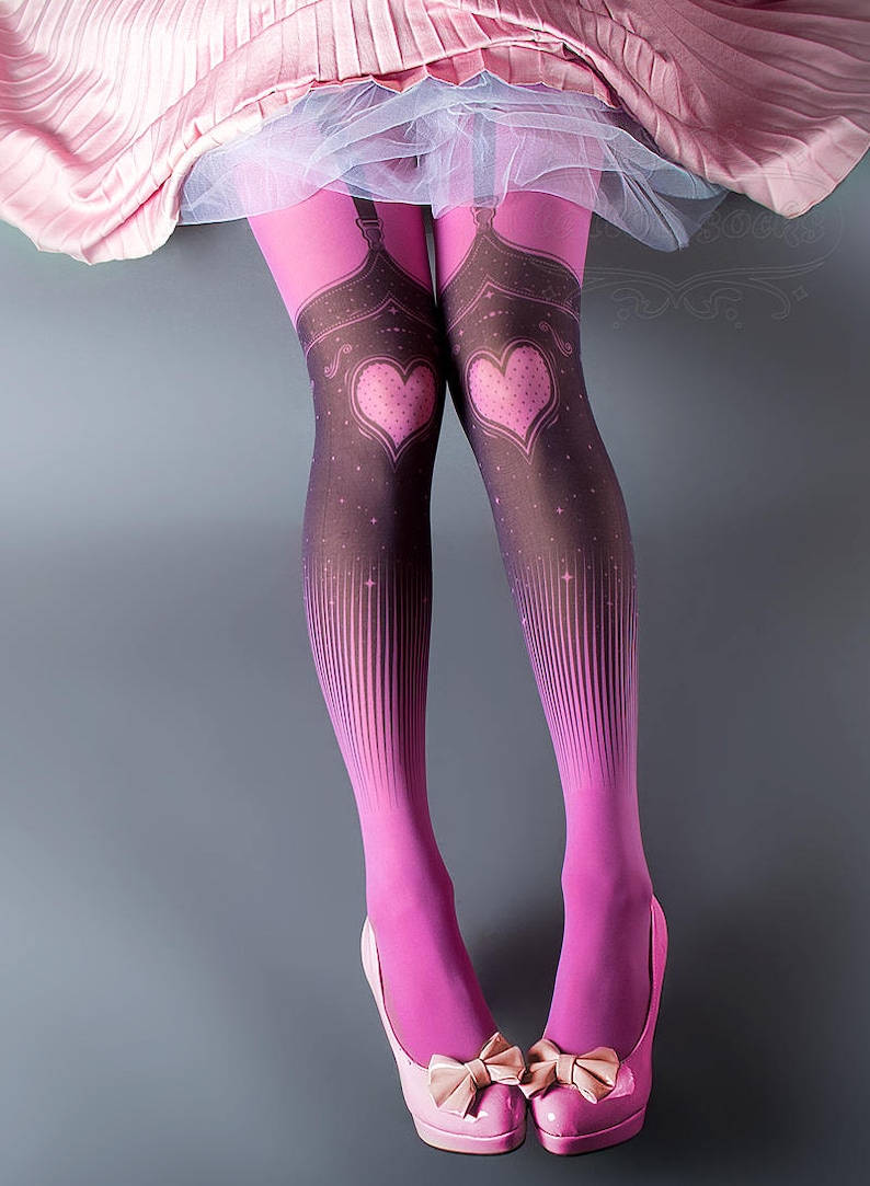 Tattoo Tights, Burlesque Heart magenta pink garters illusion one size full length printed tights pantyhose, by tattoo socks image 4