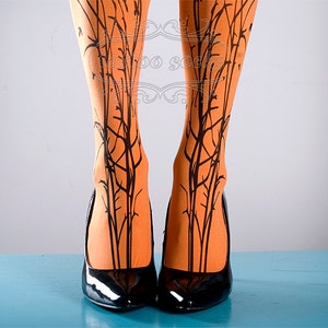 Tattoo Tights orange one size Forest Symphony full length closed toe printed tights pantyhose, tattoo socks, printed nylons image 4