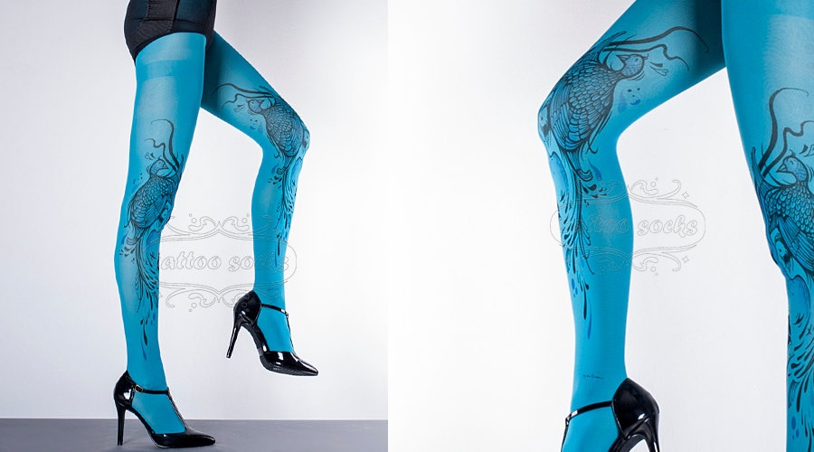 NEW Cyan Blue One Size Birds and Ladies Full Length Printed Tights  Pantyhose Tattoo Socks Tattoo Tights -  Canada