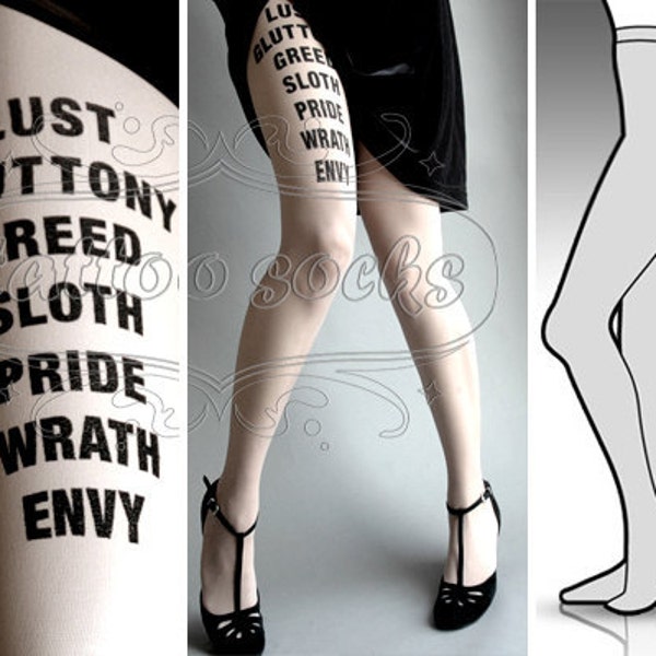 l/xl sexy 7 Deadly Sins tattoo full length tights / stockings / pantyhose / nylons white