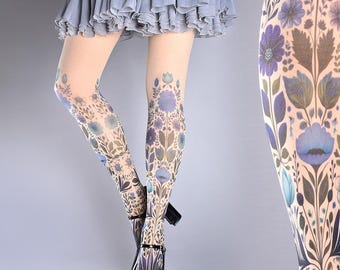 Tattoo Tights - Garden of Eve floral nude full length closed toe, shades of blue, pattern pantyhose, folk art, pantyhose, Plus Size option