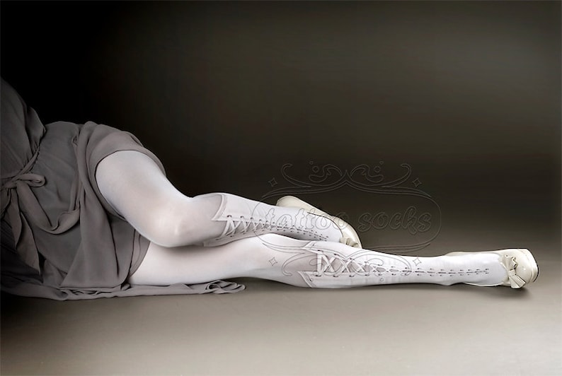 Tattoo Tights Lolita Corset white one size full length printed closed toe tights pantyhose, tattoo socks, lace up 3D illusion image 1