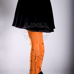 Tattoo Tights orange one size Forest Symphony full length closed toe printed tights pantyhose, tattoo socks, printed nylons image 5