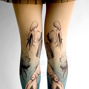 Closed Toe nude color one size Octopuses full length printed tights pantyhose, Plus Size option image 3