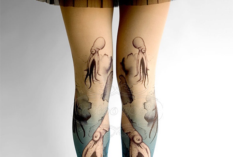 Closed Toe nude color one size Octopuses full length printed tights pantyhose, Plus Size option image 3