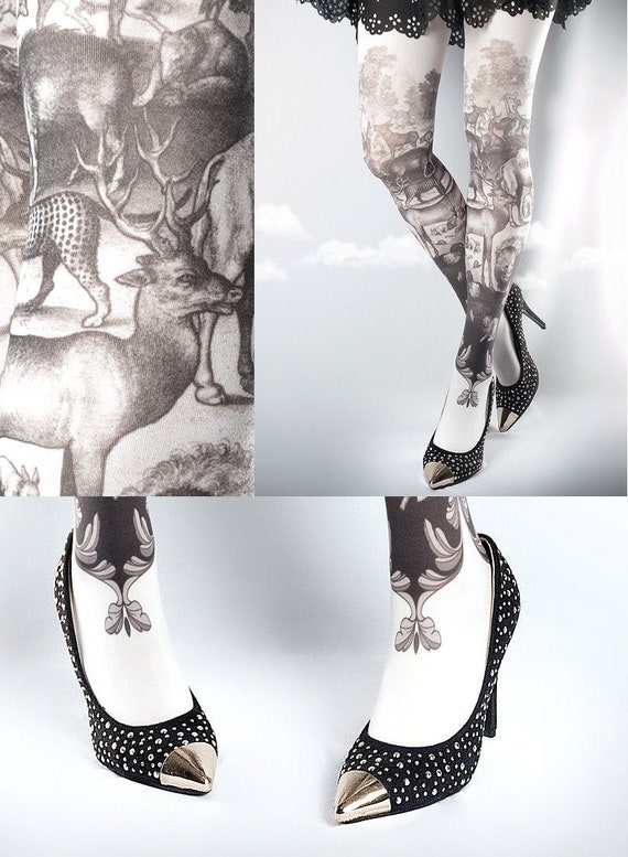 Tattoo Tights, Noah's Ark Black and White Closed Toe One Size Full Length Printed  Tights, Pantyhose, Nylons, Tattoo Socks 