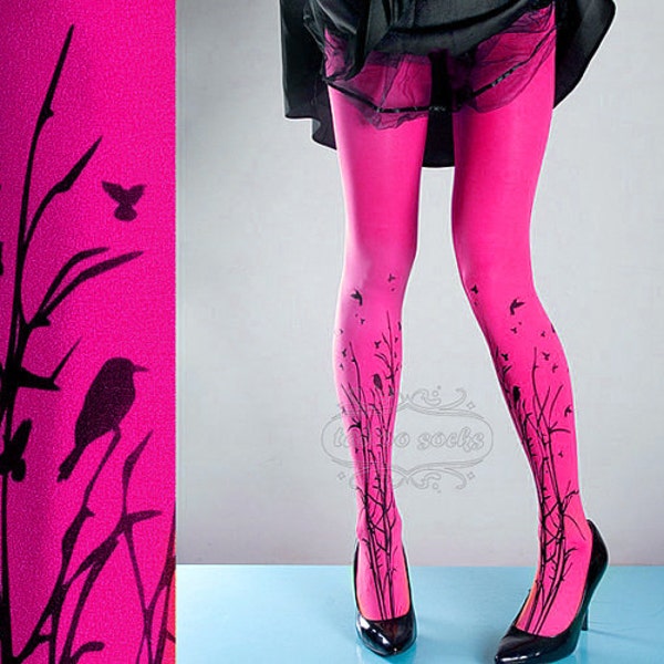 Tattoo Tights -  magenta one size Forest Symphony full length closed toe printed tights pantyhose, tattoo socks, printed nylons