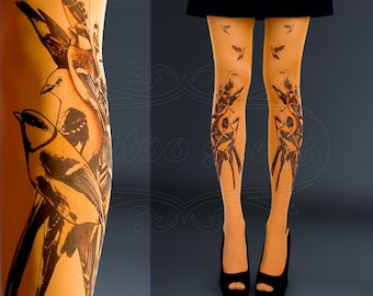 NEW orange one size Birds full length printed tights closed toe pantyhose summer spring