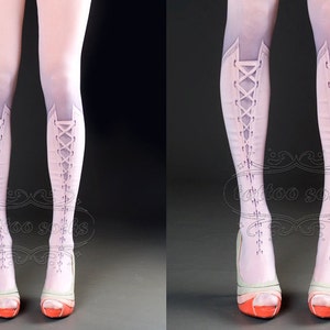 Tattoo Tights Lolita Corset Light Pink one size full length printed closed toe tights pantyhose, tattoo socks, lace up 3D illusion image 4