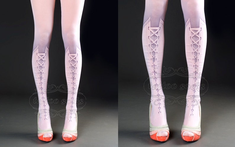 Tattoo Tights Lolita Corset Light Pink one size full length printed closed toe tights pantyhose, tattoo socks, lace up 3D illusion image 4