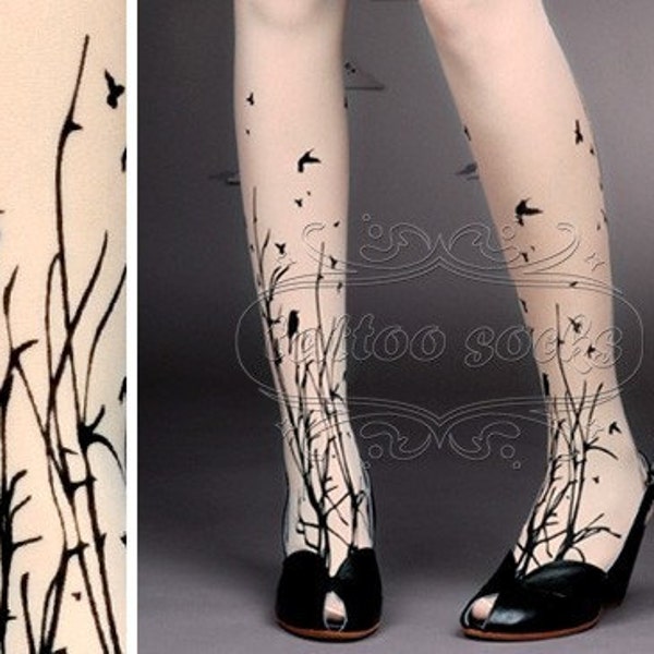 fabulous FOREST SYMPHONY tattoo thigh-high nylons ultra pale