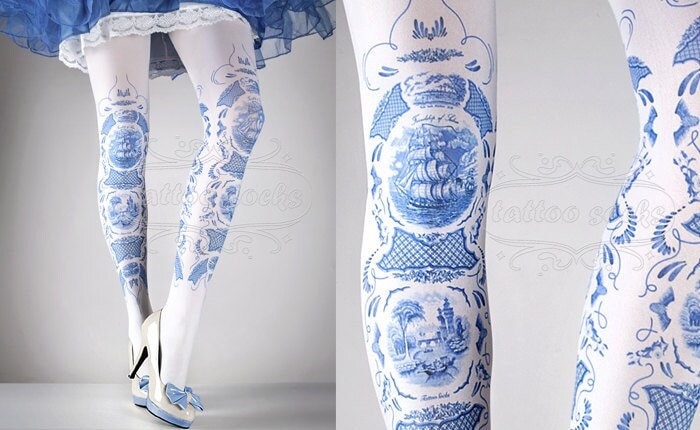 Tattoo Tights -  China Doll one size blue and white full length printed tights, pantyhose, nylons by tattoosocks, pattern art tights