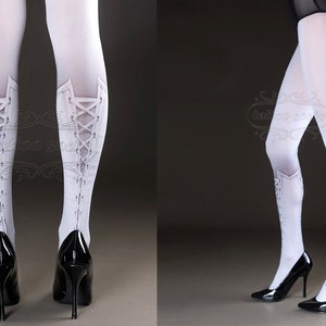 Tattoo Tights Lolita Corset white one size full length printed closed toe tights pantyhose, tattoo socks, lace up 3D illusion image 4