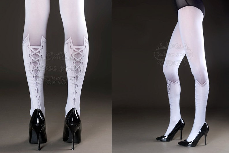 May include: White tights with a lace-up boot design printed on the legs. The tights are worn by a person with black high heels.