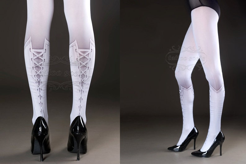 Tattoo Tights Lolita Corset white one size full length printed closed toe tights pantyhose, tattoo socks, lace up 3D illusion image 4