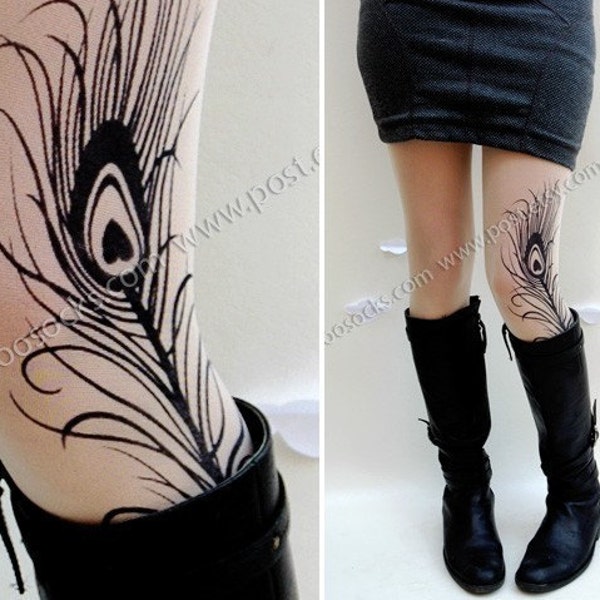 sexy MINI and BOOTS peacock FEATHER tattoo thigh-high stockings ultra pale
