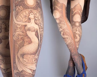 Mermaids Art Nouveau Tattoo Tights nude one size full length closed toe pantyhose, tattoo socks, printed tights, Plus Size option