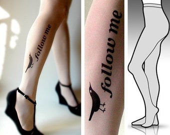 Small/ Medium sexy, funny and flirty FOLLOW ME twitter tattoo tights / stockings /  full length  / pantyhose / nylons Ultra Pale