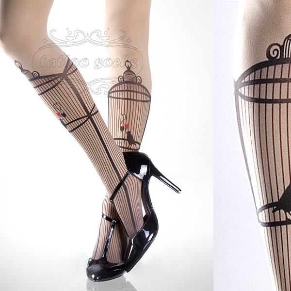 Tattoo Tights -  Bird Cage nude color one size full length printed tights closed toe pantyhose, nylons by tattoosocks, Plus Size option