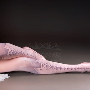 Tattoo Tights Lolita Corset Light Pink one size full length printed closed toe tights pantyhose, tattoo socks, lace up 3D illusion image 1