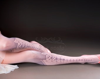 Tattoo Tights - Lolita Corset Light Pink one size full length printed closed toe tights pantyhose, tattoo socks, lace up 3D illusion