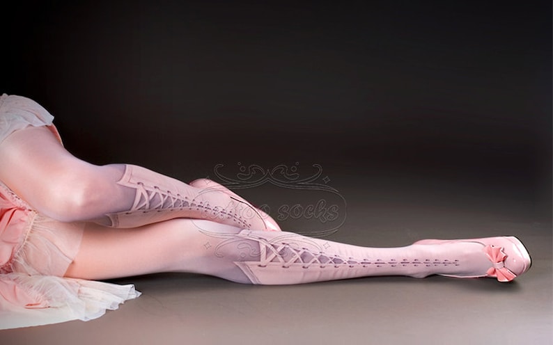 Tattoo Tights Lolita Corset Light Pink one size full length printed closed toe tights pantyhose, tattoo socks, lace up 3D illusion image 1