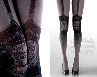 Tattoo Tights, Day of the Dead garters print gray thigh highs illusion one size full length closed toe printed tights pantyhose