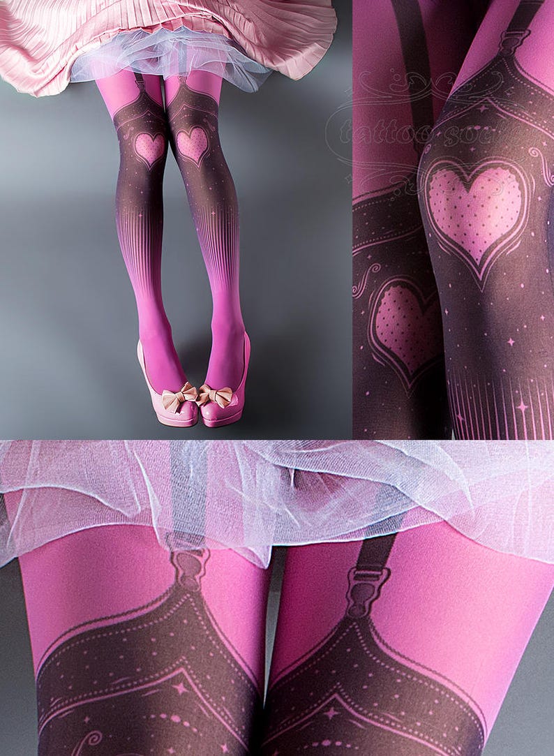 Tattoo Tights, Burlesque Heart magenta pink garters illusion one size full length printed tights pantyhose, by tattoo socks image 1
