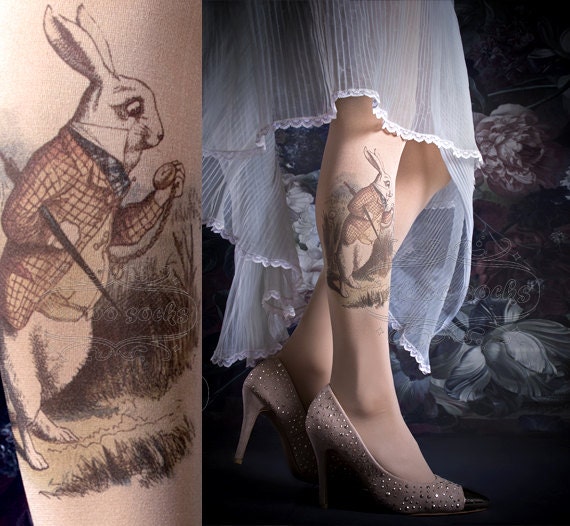 Tatuaje medias - ALICE un tamaño desnudo medias impresas de longitud completa, medias, nylons por tattoosocks